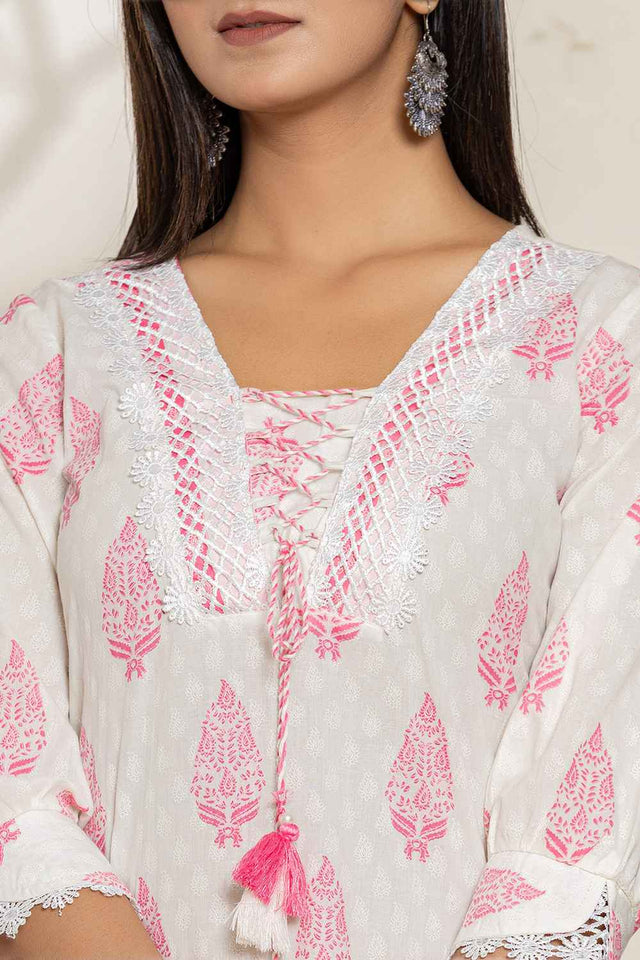 White Floral Printed Cotton Kurti Pant Set