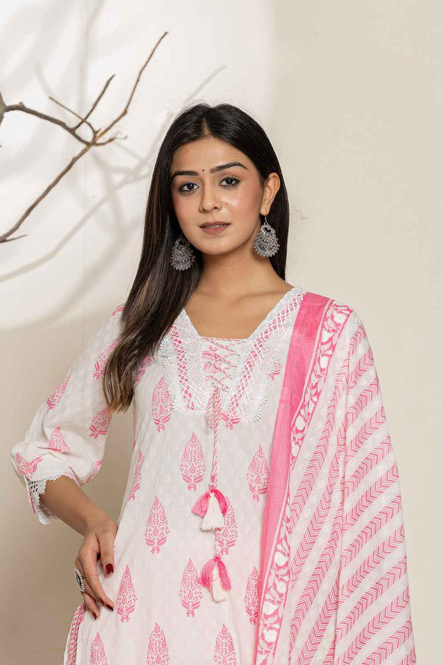 White Floral Printed Cotton Kurti Pant Set