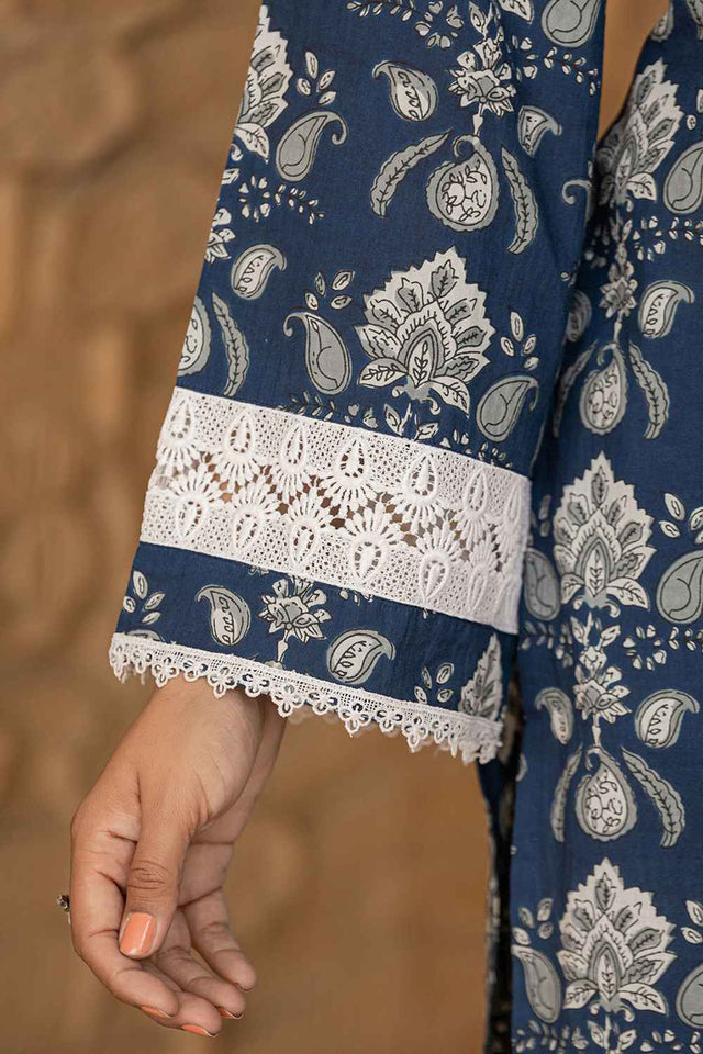 Blue Floral Print Lace Work Pure Cotton Kurti Pant Set