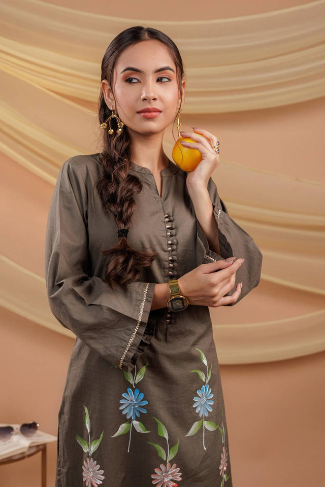 Green Floral Printed Cotton Straight Kurti