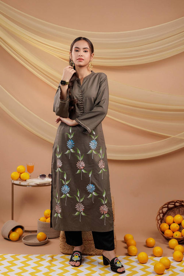 Green Floral Printed Cotton Straight Kurti