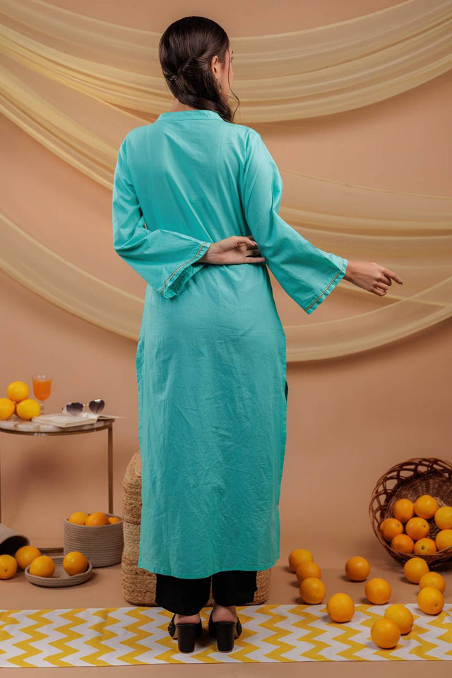 Sea Green Floral Printed Cotton Straight Kurti