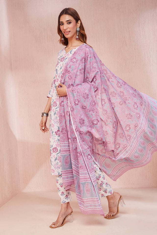 Violet Floral Printed Cotton Straight Cut Suit Set