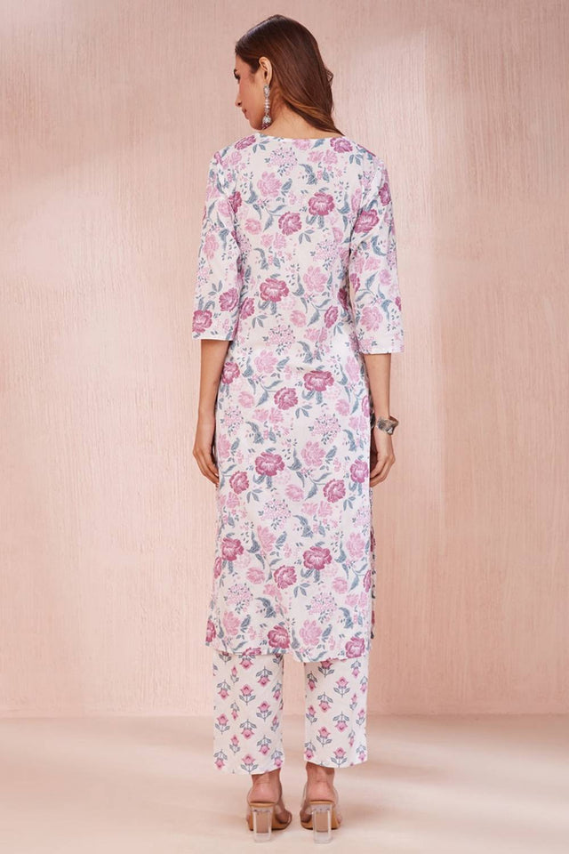 Violet Floral Printed Cotton Straight Cut Suit Set