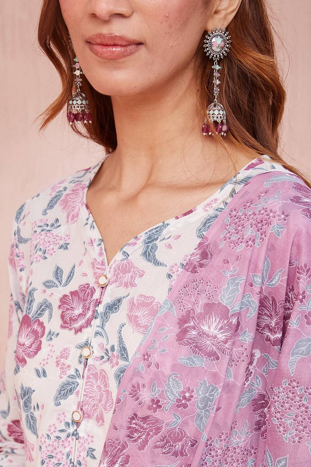 Violet Floral Printed Cotton Straight Cut Suit Set
