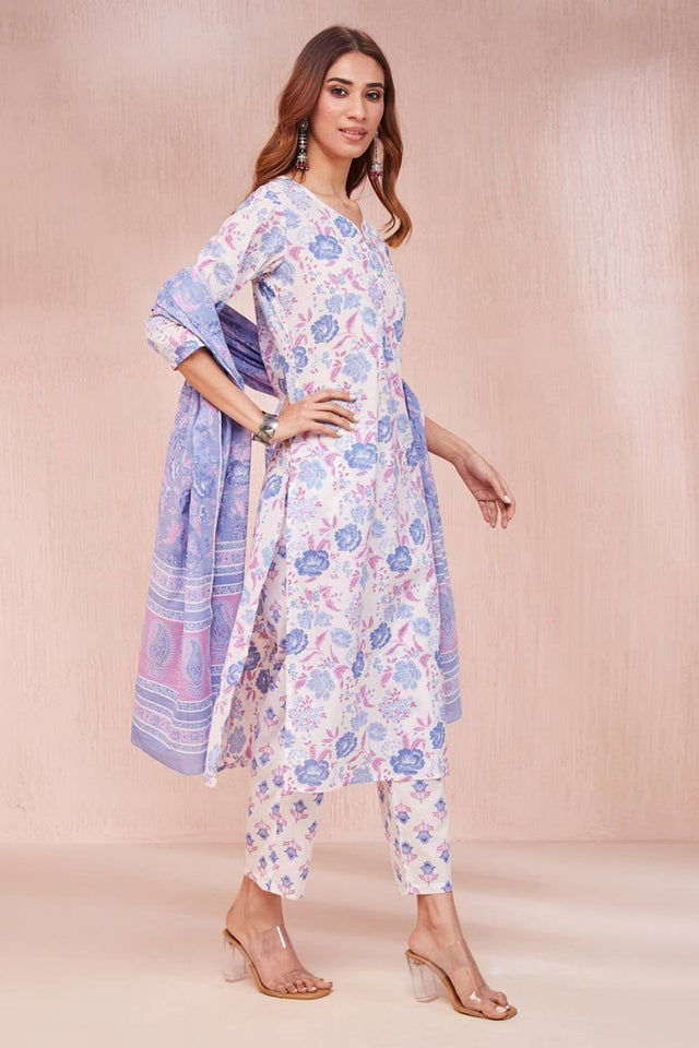 Multi Color Floral Printed Cotton Straight Cut Suit Set
