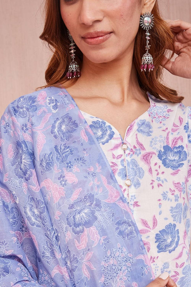 Multi Color Floral Printed Cotton Straight Cut Suit Set