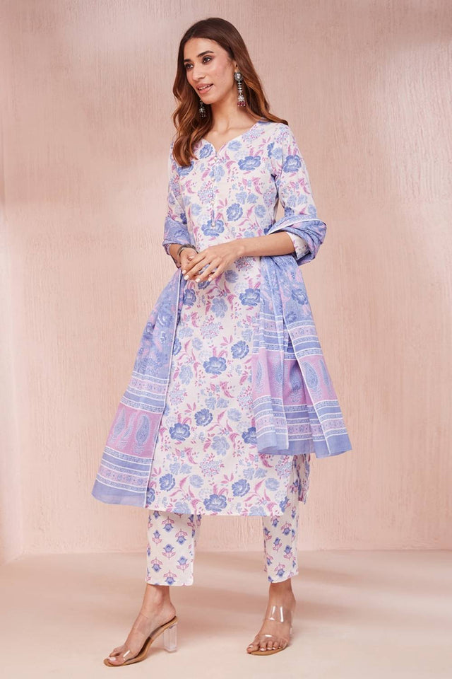 Multi Color Floral Printed Cotton Straight Cut Suit Set