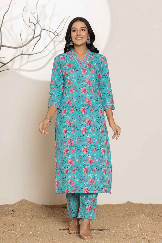 Turquoise Geometric print Sequins Work Pure Cotton Kurti Pant Set