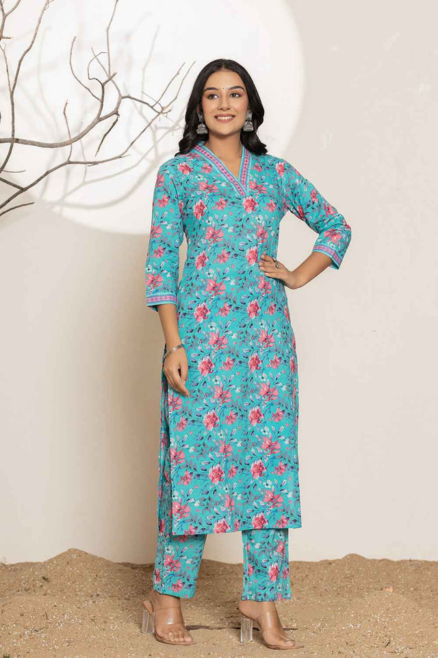Turquoise Geometric print Sequins Work Pure Cotton Kurti Pant Set