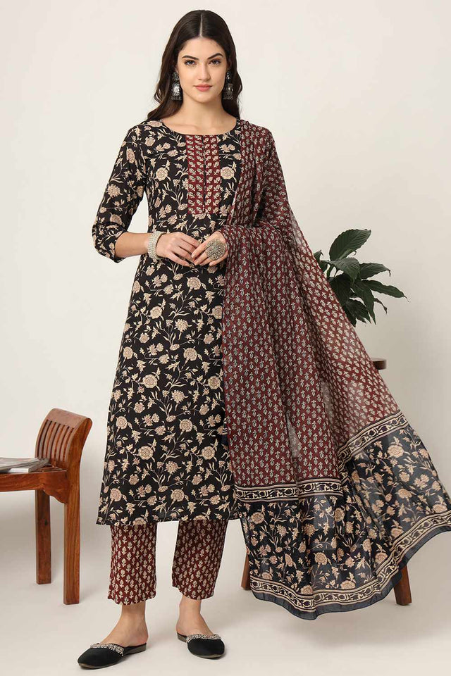 Black Floral Print Cotton Kurti Pant Set