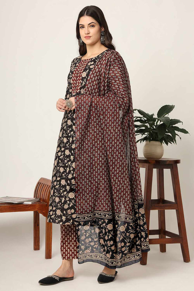 Black Floral Print Cotton Kurti Pant Set