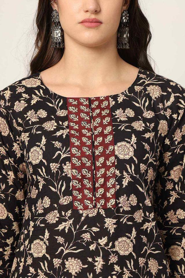 Black Floral Print Cotton Kurti Pant Set