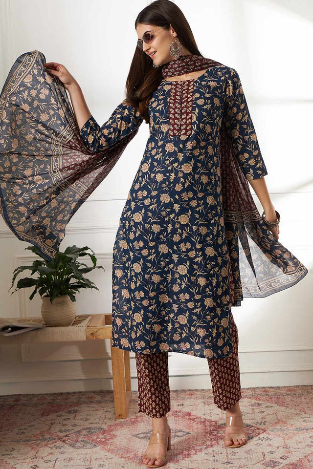 Blue Floral Print Cotton Kurti Pant Set