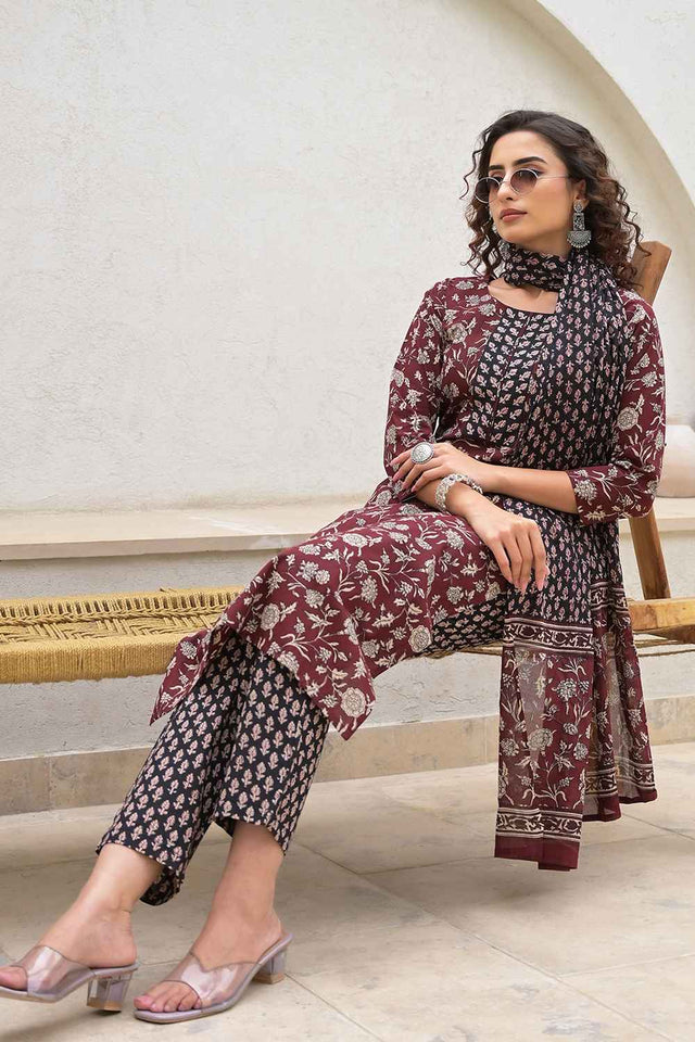 Red Floral Print Pure Cotton Kurti Pant Set