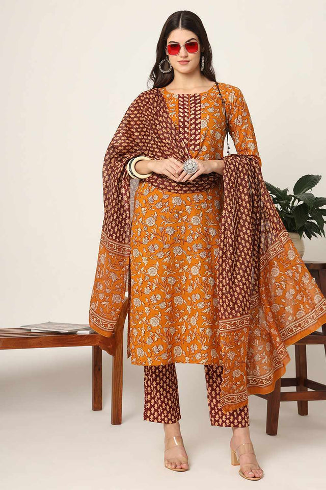 Mustard Floral Print Cotton Kurti Pant Set