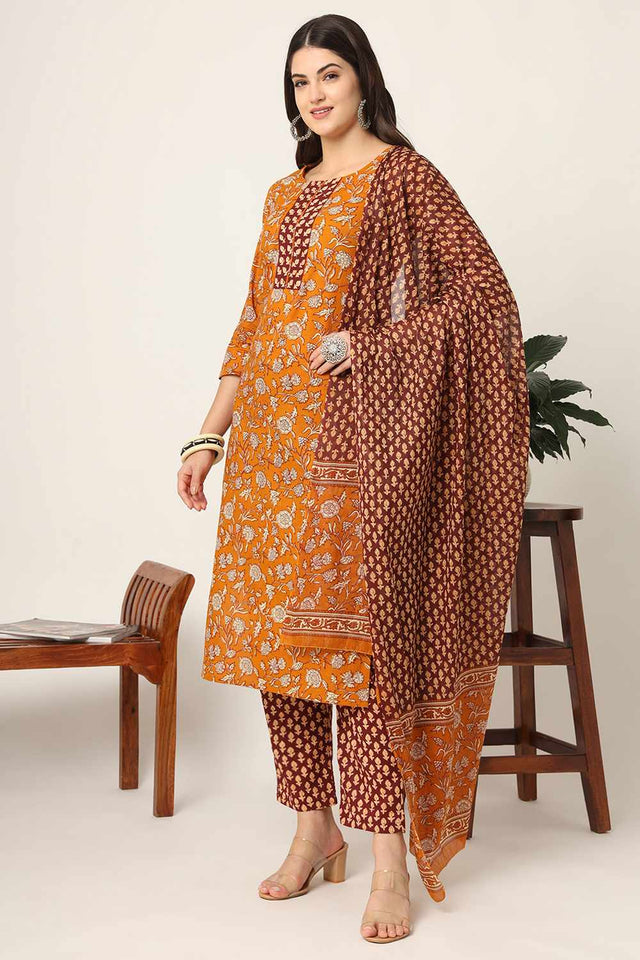 Mustard Floral Print Cotton Kurti Pant Set
