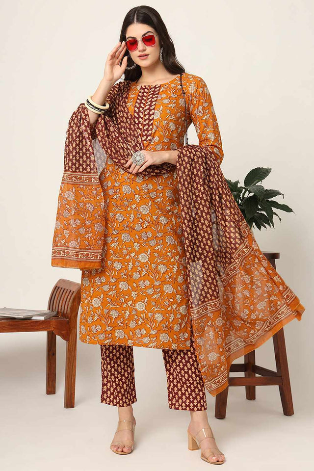 Mustard Floral Print Cotton Kurti Pant Set