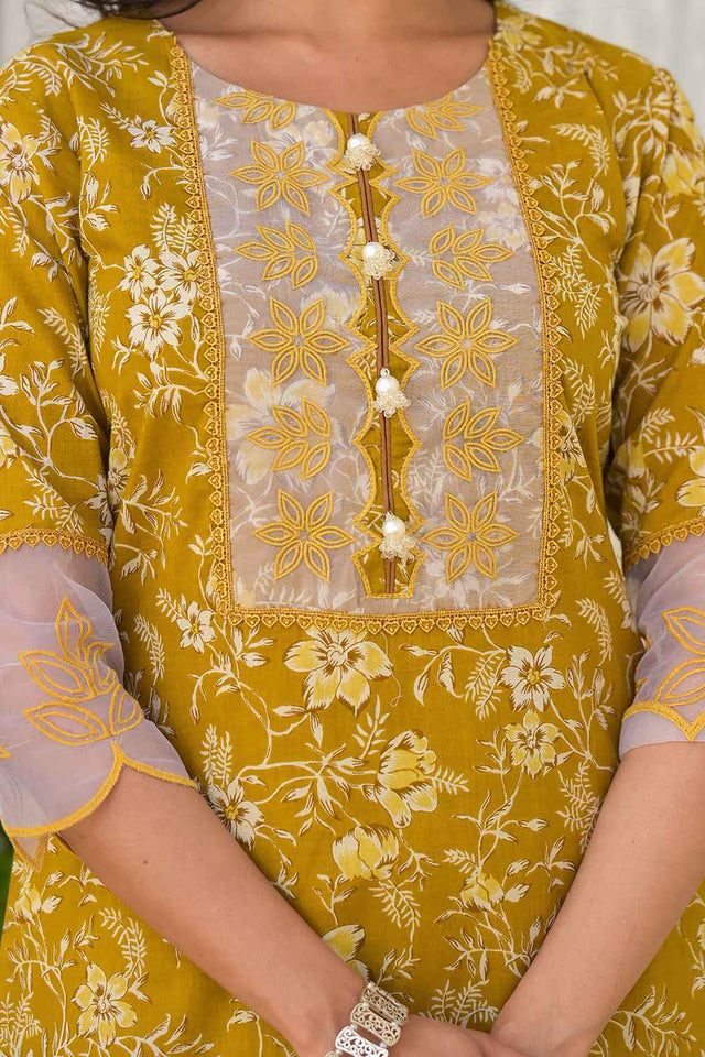 Yellow Floral Print Lace Work Pure Cotton Kurti Pant Set