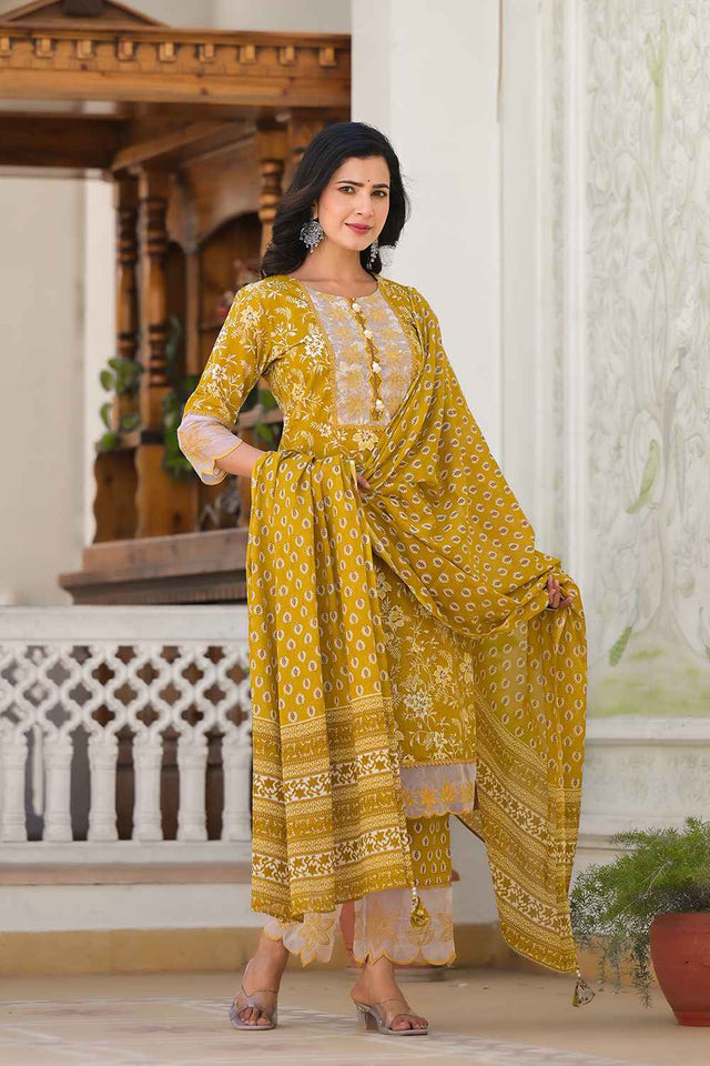 Yellow Floral Print Lace Work Pure Cotton Kurti Pant Set