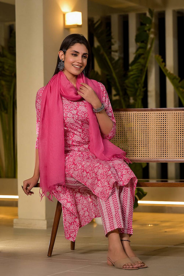 Pink Floral Printed Cotton Straight Cut Suit Set