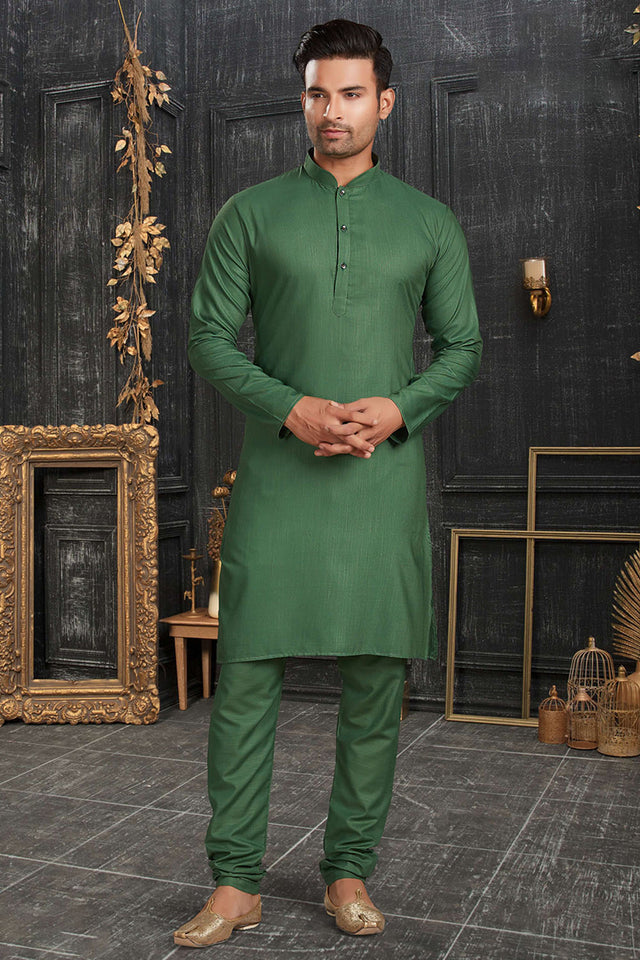 Green Solid Cotton Kurta Pyjama Set