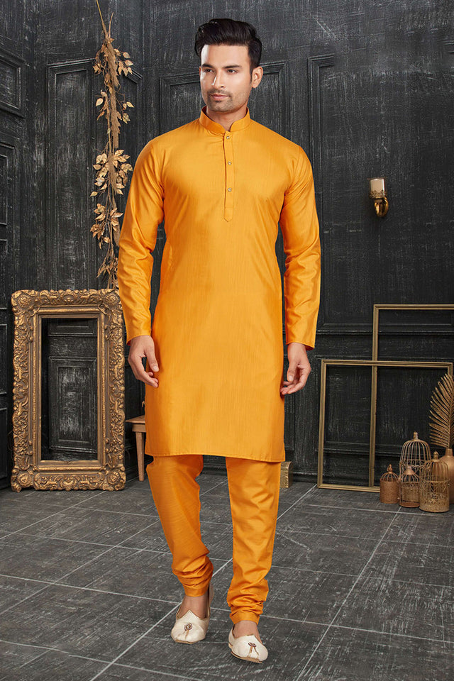 Yellow Solid Cotton Kurta Pyjama Set