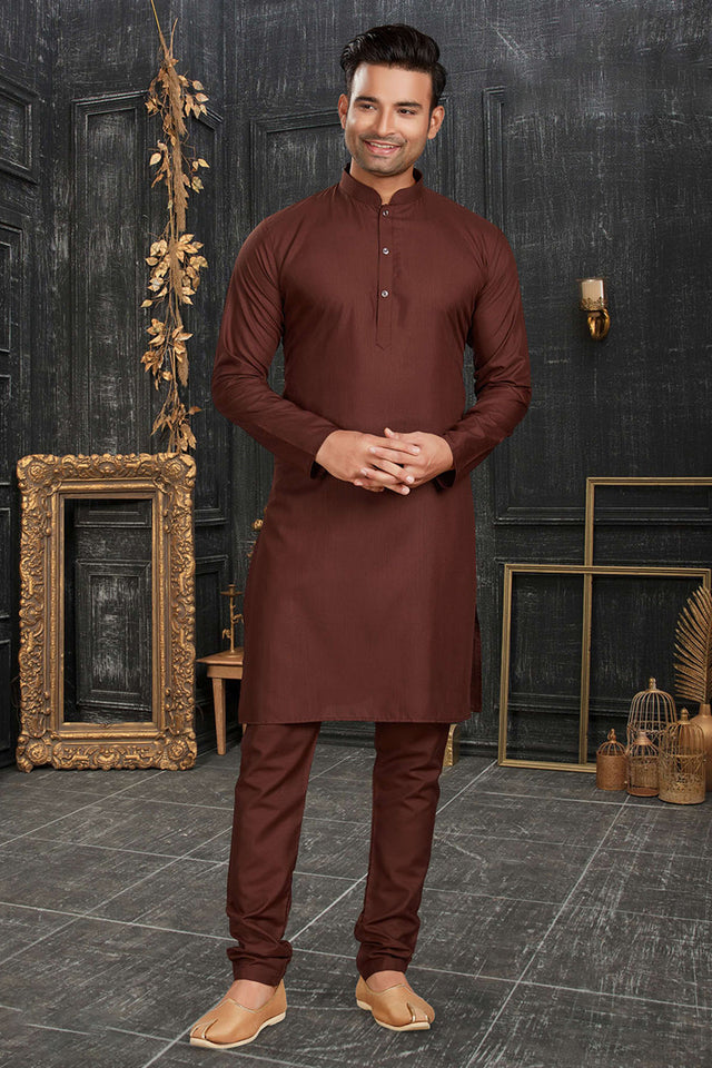 Brown Solid Cotton Kurta Pyjama Set