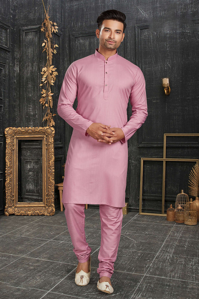 Pink Solid Cotton Kurta Pyjama Set