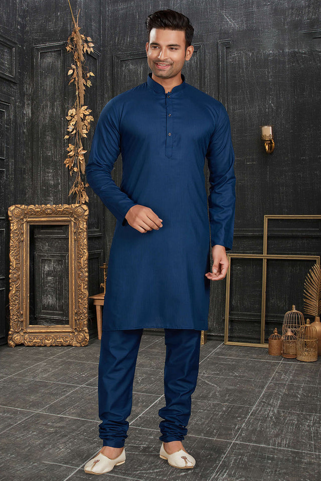 Blue Solid Cotton Kurta Pyjama Set