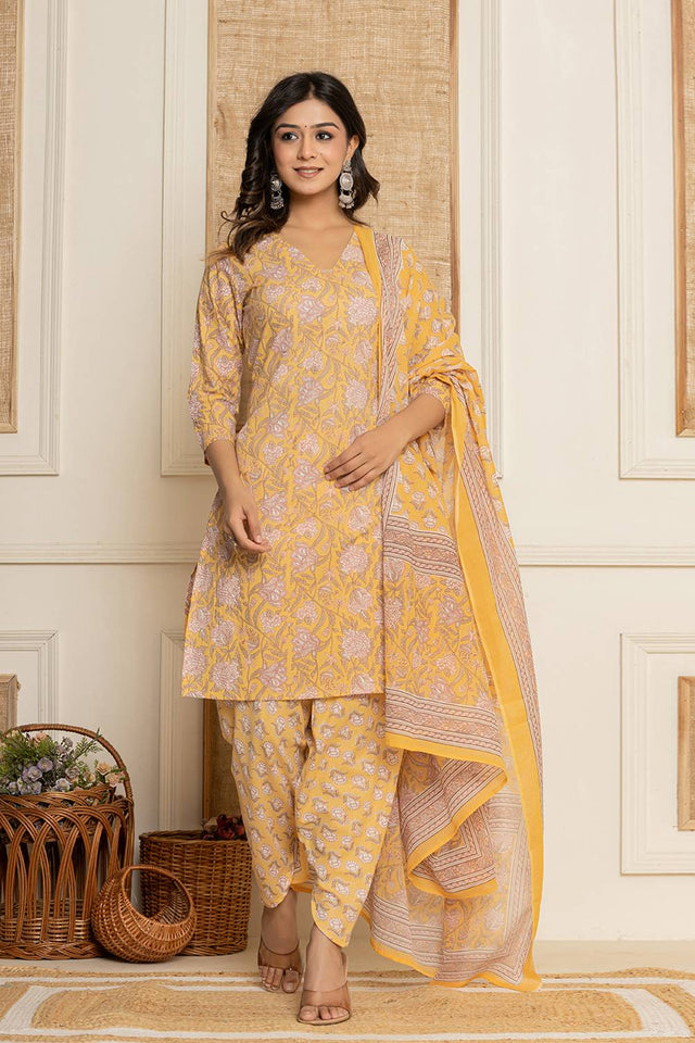 Yellow Floral Printed Cotton Punjabi Suit Set