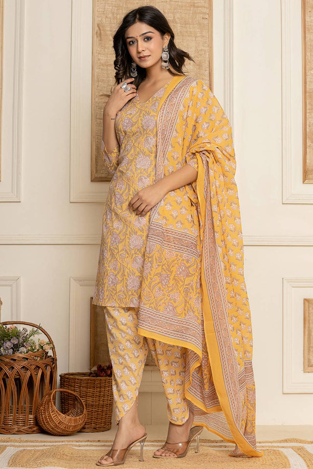 Yellow Floral Printed Cotton Punjabi Suit Set