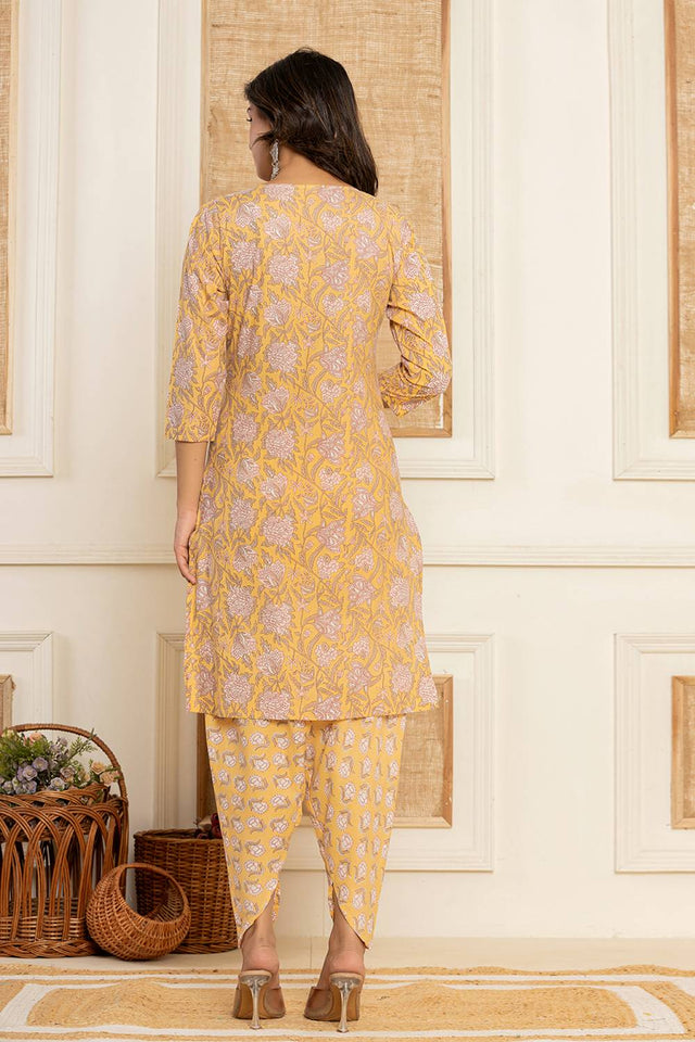 Yellow Floral Printed Cotton Punjabi Suit Set