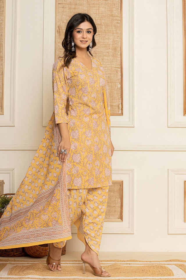 Yellow Floral Printed Cotton Punjabi Suit Set