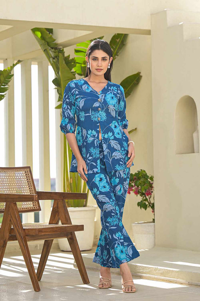 Blue Floral Print Cotton Co-Ord Set