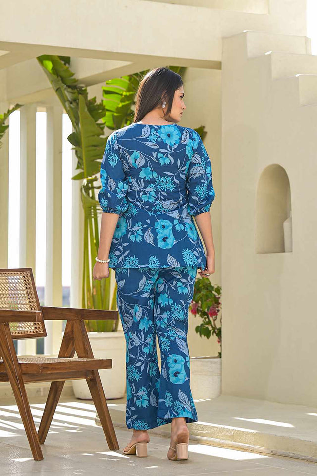 Blue Floral Print Cotton Co-Ord Set