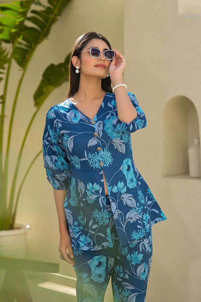 Blue Floral Print Cotton Co-Ord Set