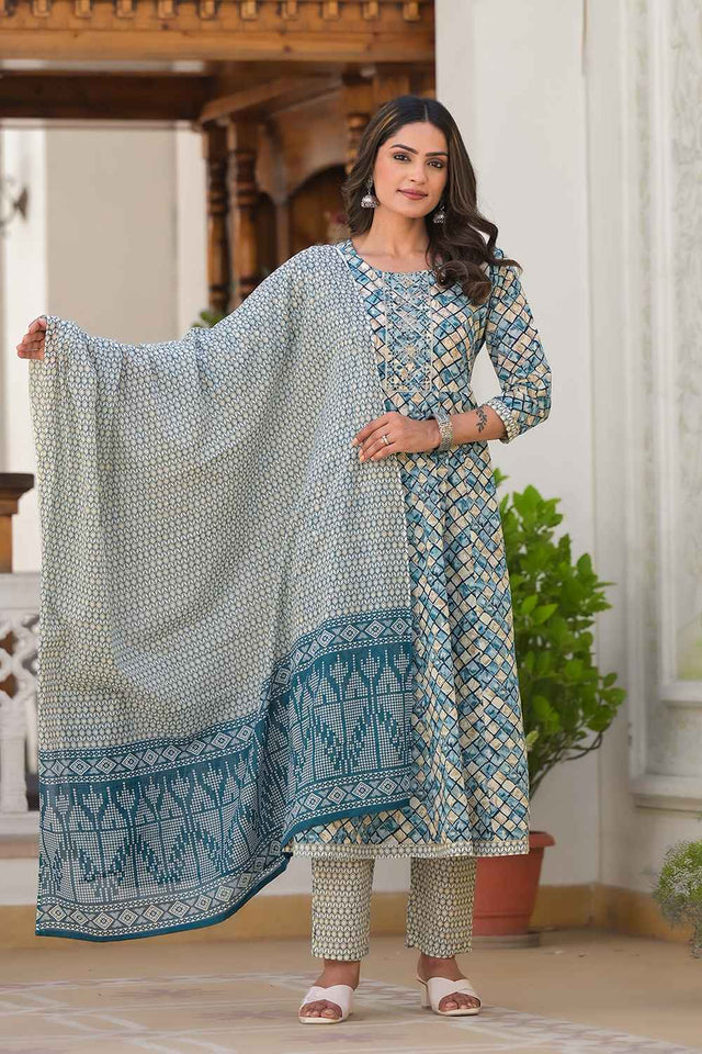 Blue Checkerd Print Zari Work Pure Cotton Kurti Pant Set