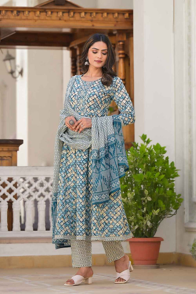 Blue Checkerd Print Zari Work Pure Cotton Kurti Pant Set