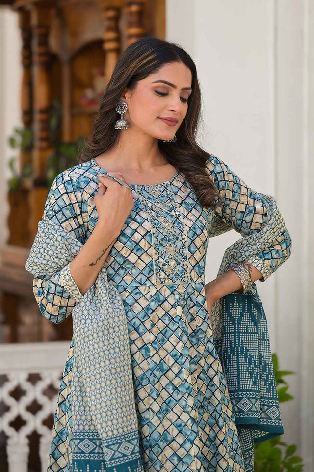 Blue Checkerd Print Zari Work Pure Cotton Kurti Pant Set