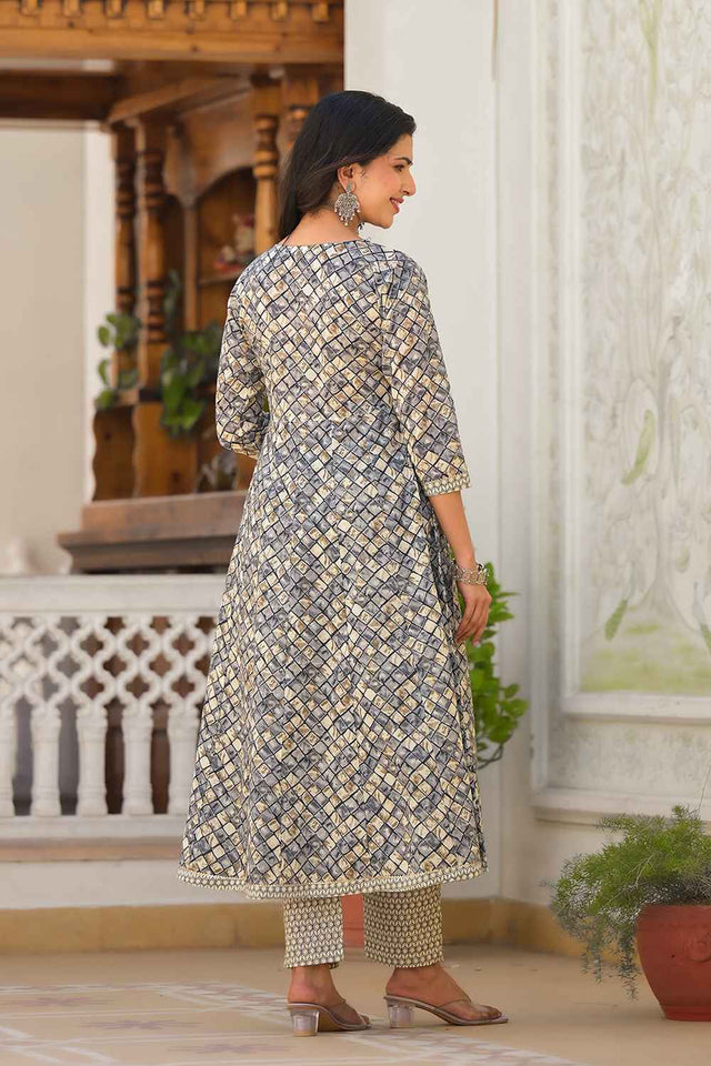 Grey Checkerd Print Zari Work Pure Cotton Kurti Pant Set