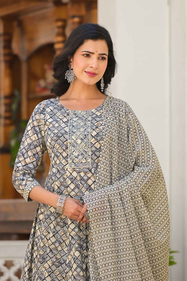 Grey Checkerd Print Zari Work Pure Cotton Kurti Pant Set