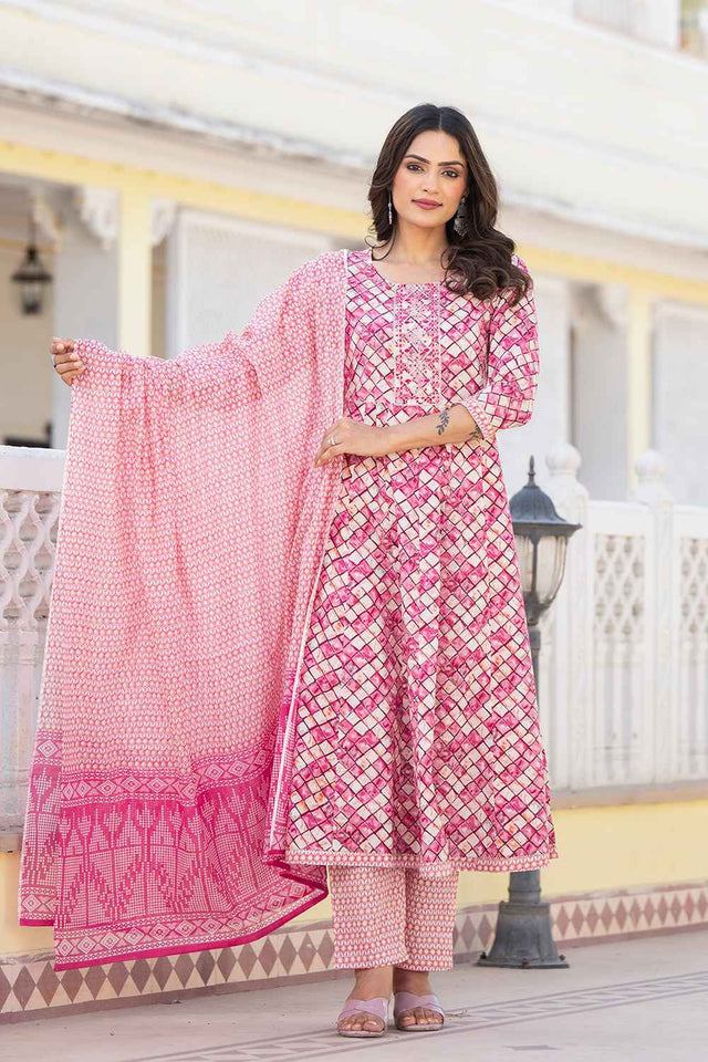 Violet Checkerd Print Zari Work Pure Cotton Kurti Pant Set