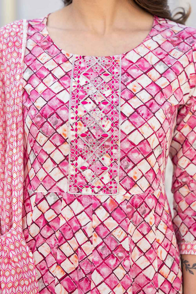 Violet Checkerd Print Zari Work Pure Cotton Kurti Pant Set