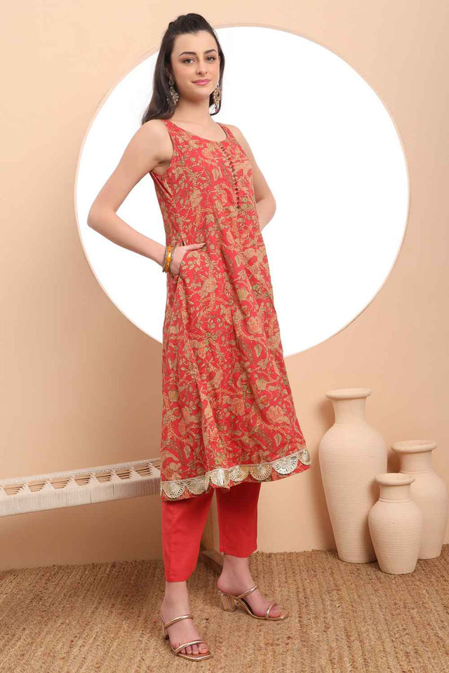 Red Floral Printed Cotton Anarkali Suit Set