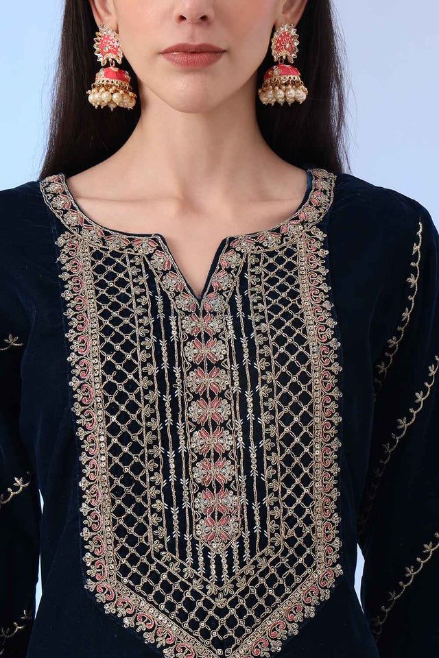 Blue Sequin with Embroidered Velvet Kurti Pant Set (6927SKDNB)