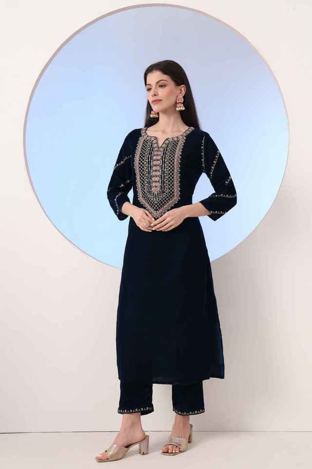 Blue Sequin with Embroidered Velvet Kurti Pant Set (6927SKDNB)