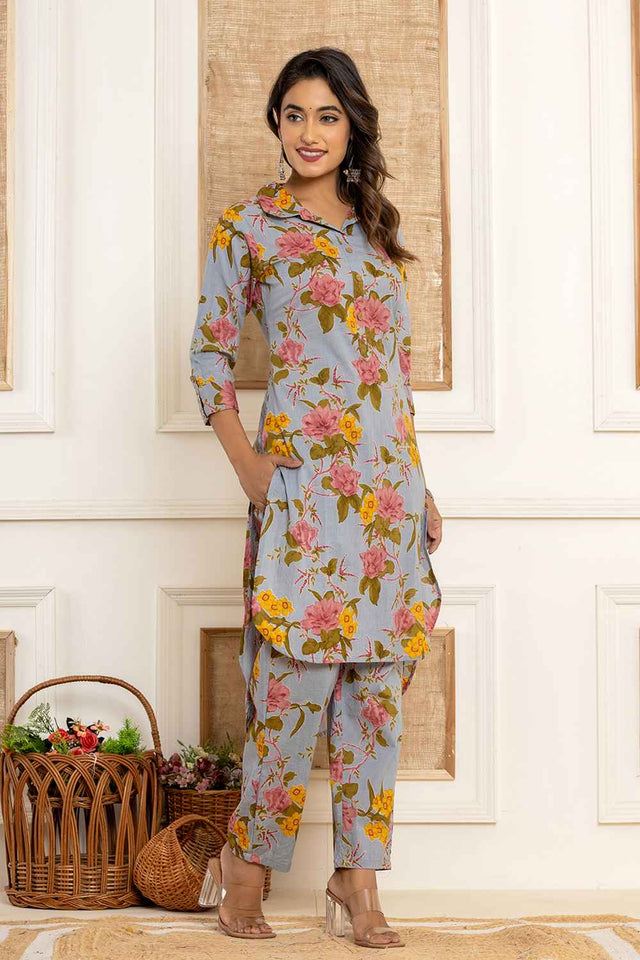 Blue Floral Print Cotton Co-Ord Set