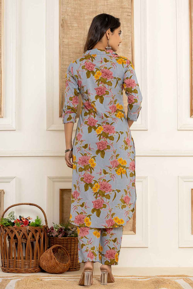 Blue Floral Print Cotton Co-Ord Set