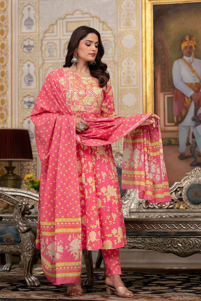 Pink Floral Print Zari Work Pure Cotton Kurti Pant Set
